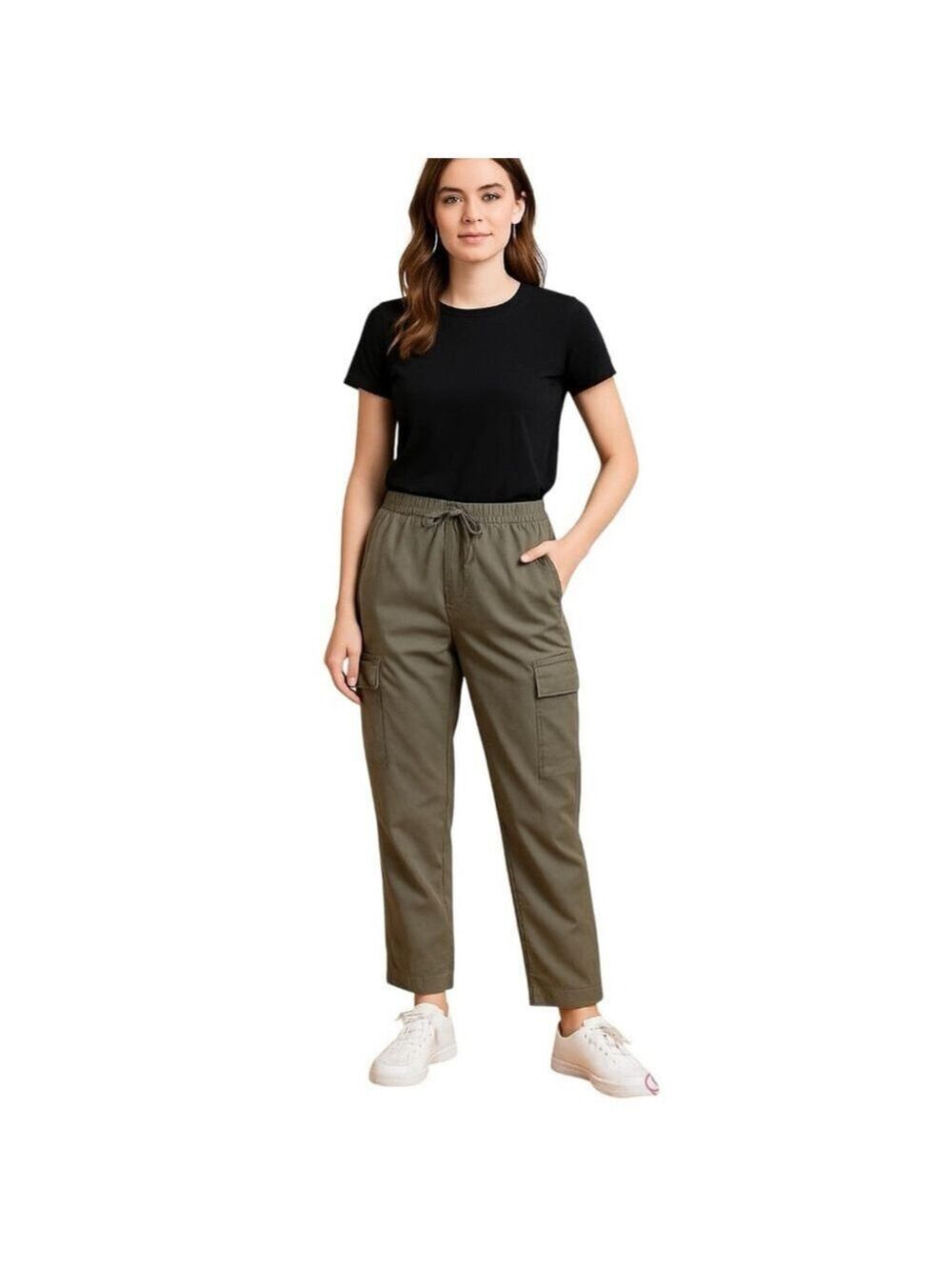 LOFT Lyocell khaki olive green cargo baggy pants drawstring waist joggers Sz M